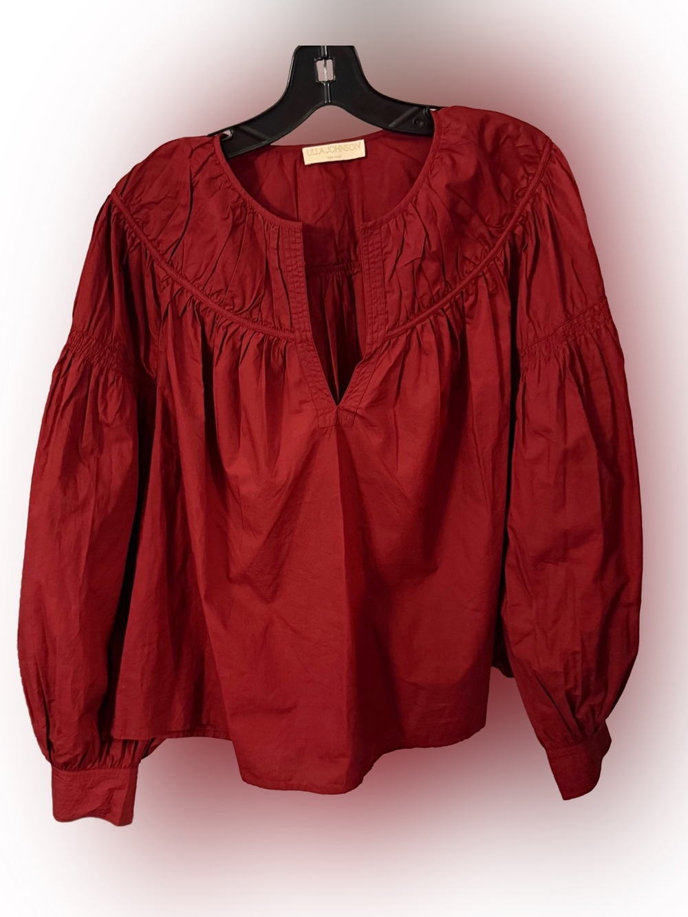 Ulla Johnson “Ora” Blouse Bordeaux Bishop Sleeve Split V-Neck Sz 6 NWOT